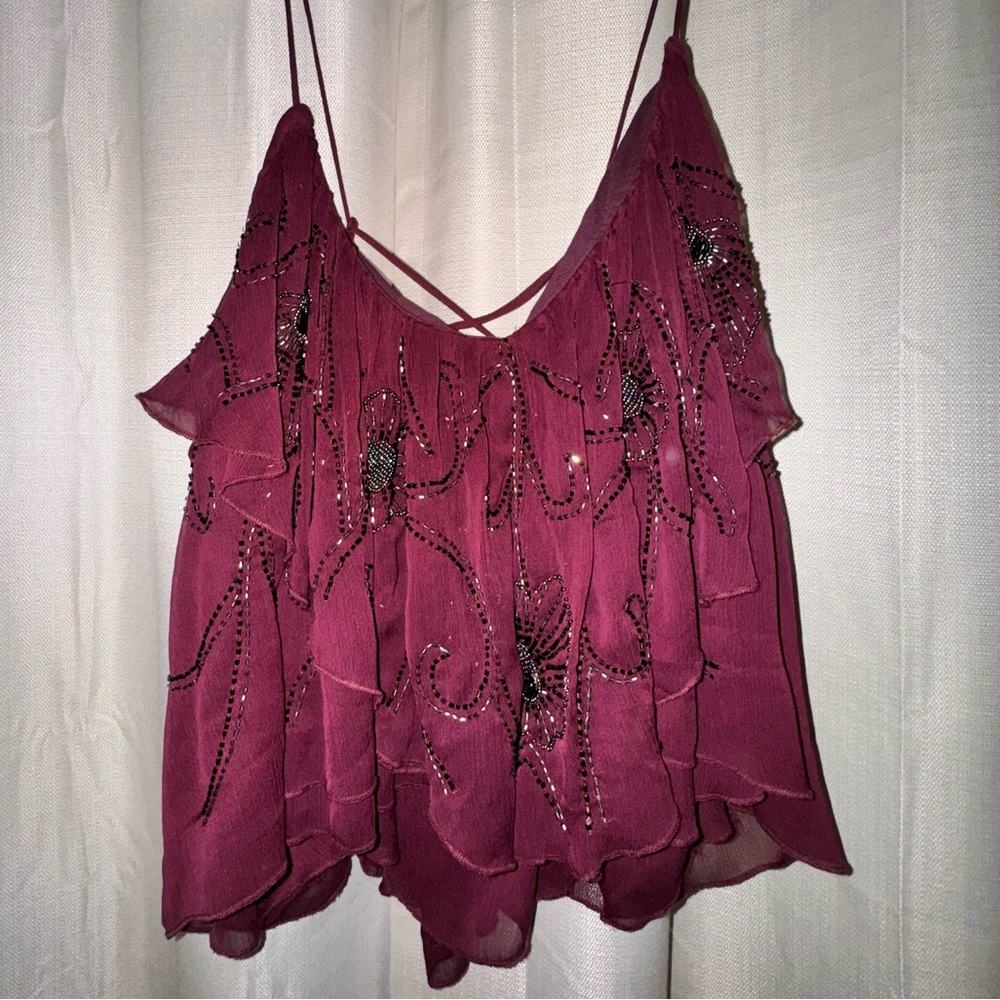 Free People VINTAGE Beaded Chiffon Top
Color: Burgundy Maroon
Size: M